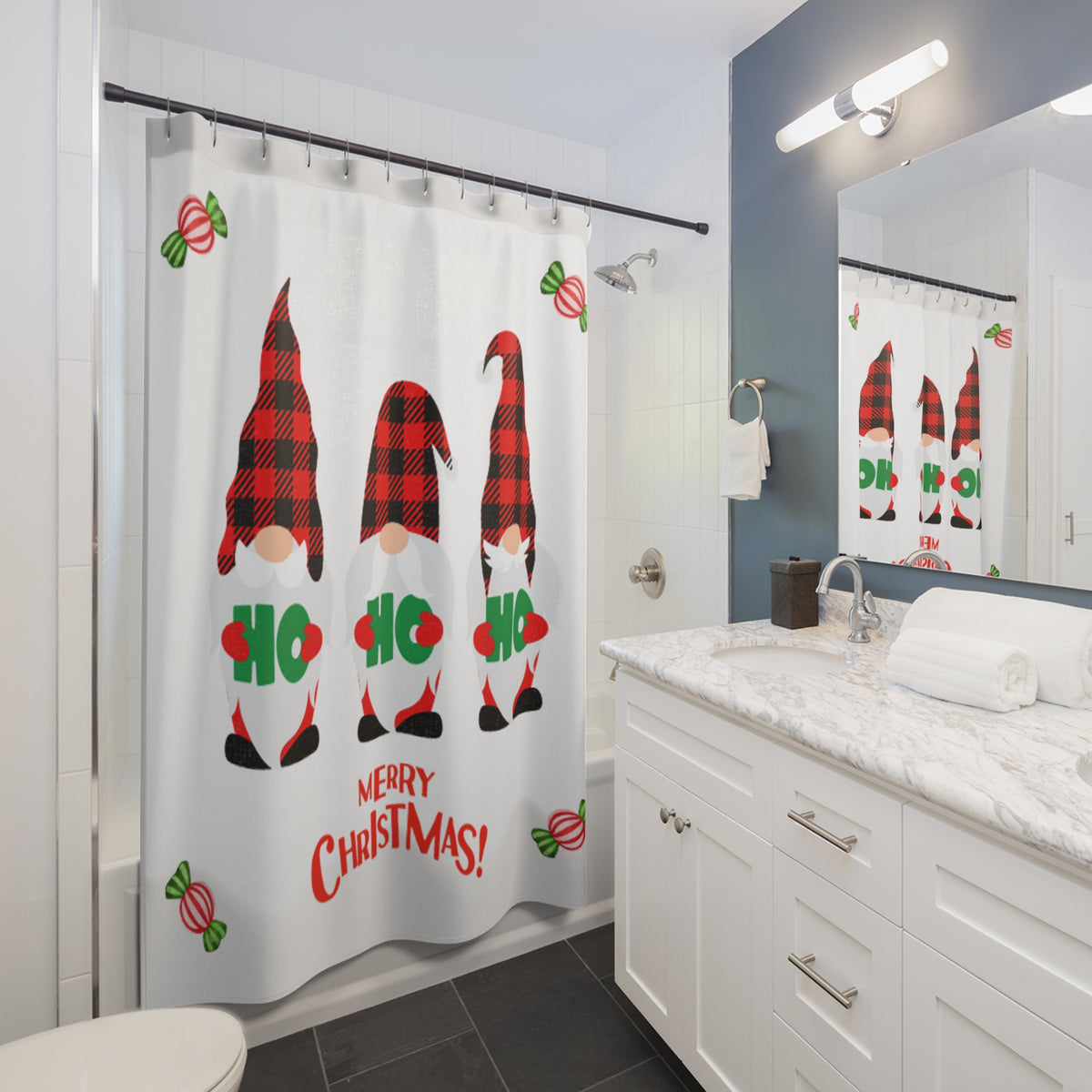 3 Elfs Holiday Christmas Shower Curtain – Festive Bathroom Decor